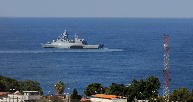 A United Nations ship is pictured in the southernmost area of Naqura, by the border with Israel, on October 14, 2020. - Lebanon and Israel, still technically at war, began unprecedented talks sponsored by the United Nations and the United States today to settle a maritime border dispute and clear the way for oil and gas exploration. (Photo by Mahmoud ZAYYAT / AFP)